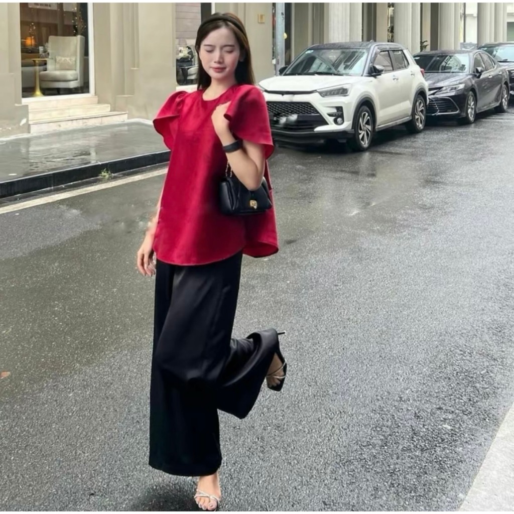 Set bộ đi chùa, set áo cách tân cổ tròn dáng suông tay bồng phối quần lụa suông đen dáng dài 3 tone màu basic nhẹ nhàng
