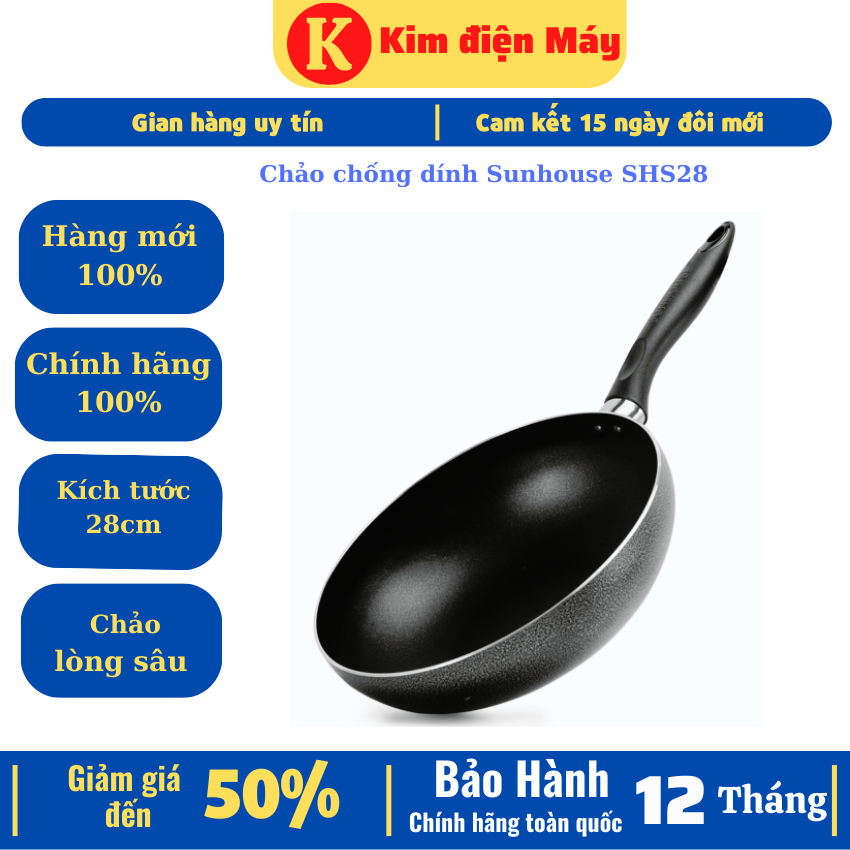 Chảo chống dính Sunhouse SHS28-Kích thước 28cm lòng chảo sâu men chống dính công nghệ mỹ-bảo hành 12