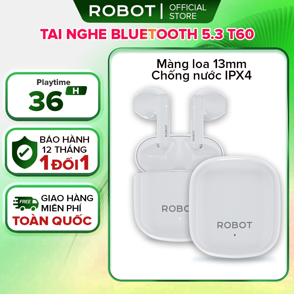 [BH 1 Năm]Robot Tai nghe bluetooth Playtime 36H Chống Nước IPX4 Chất Lượng, Airbuds T60 Semi In Ear