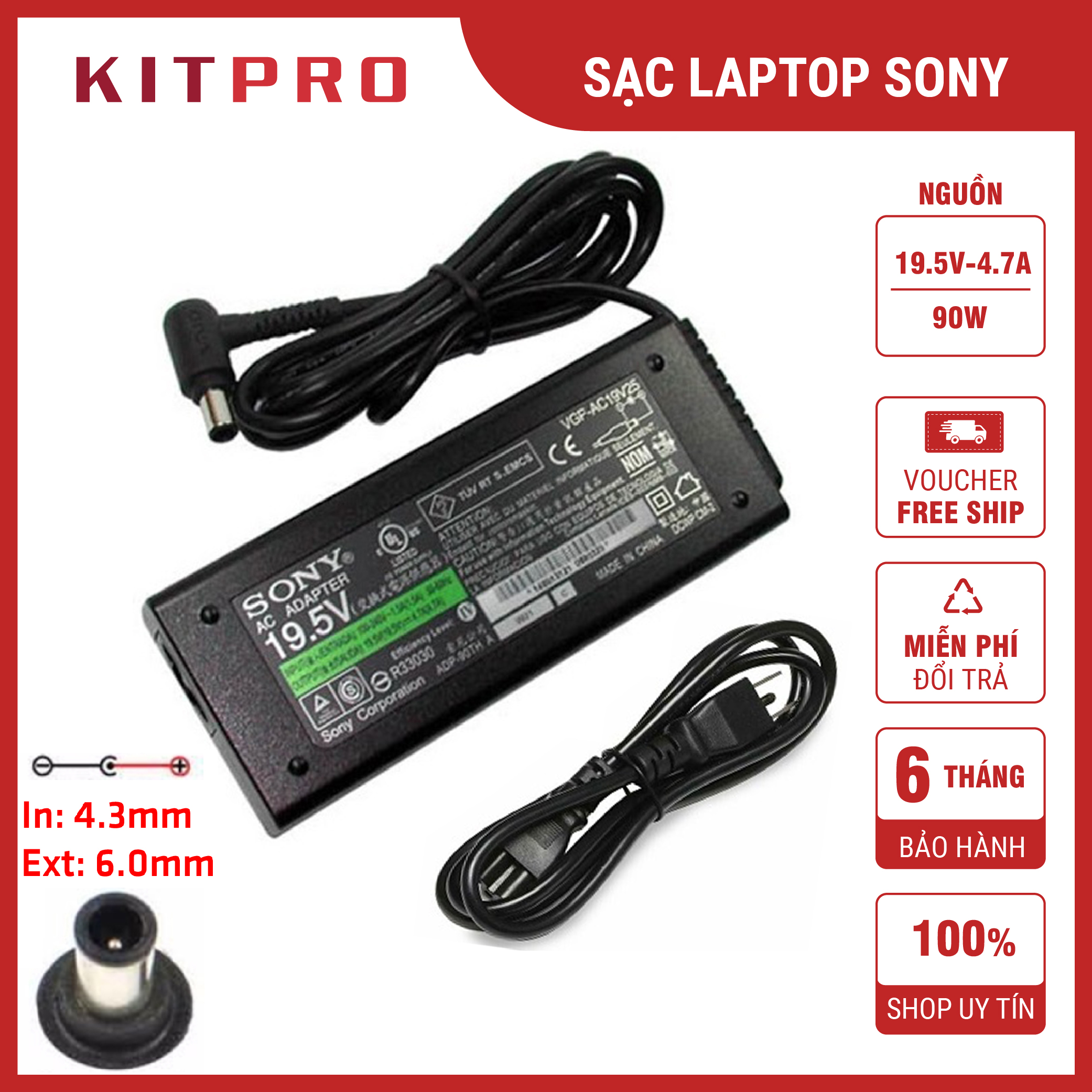 Cục sạc laptop sony vaio 19.5v 4.7a kích thước đầu ghim 6.0 x 4.3mm dây sạc cho laptop sony ship hỏa tốc kitpro