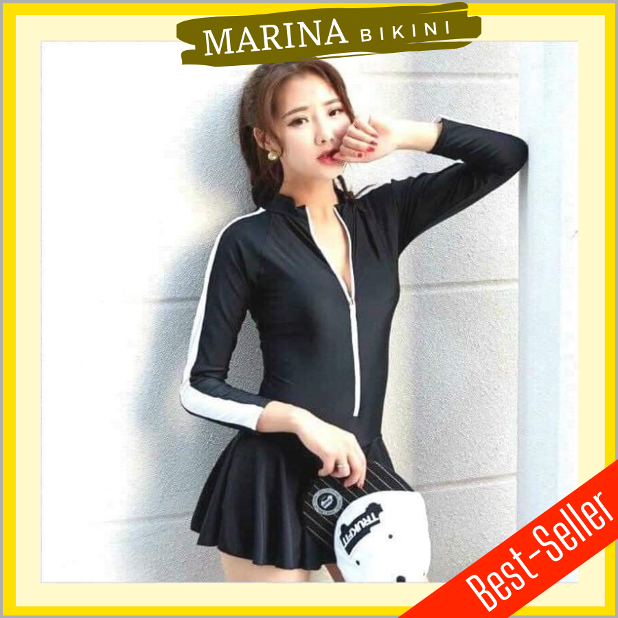 Bikini liền thân đồ bơi nữ đi biển áo khóa zip tay dài chống nắng váy dây kéo MARINA030