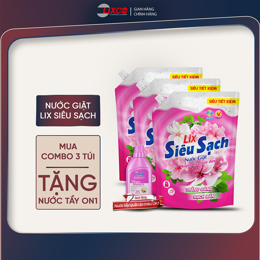 Combo 3 túi nước giặt Lix siêu sạch hương hoa anh đào thơm mát tặng 1 chai nước tẩy quần áo màu 400g/ DD sát khuẩn 500ml