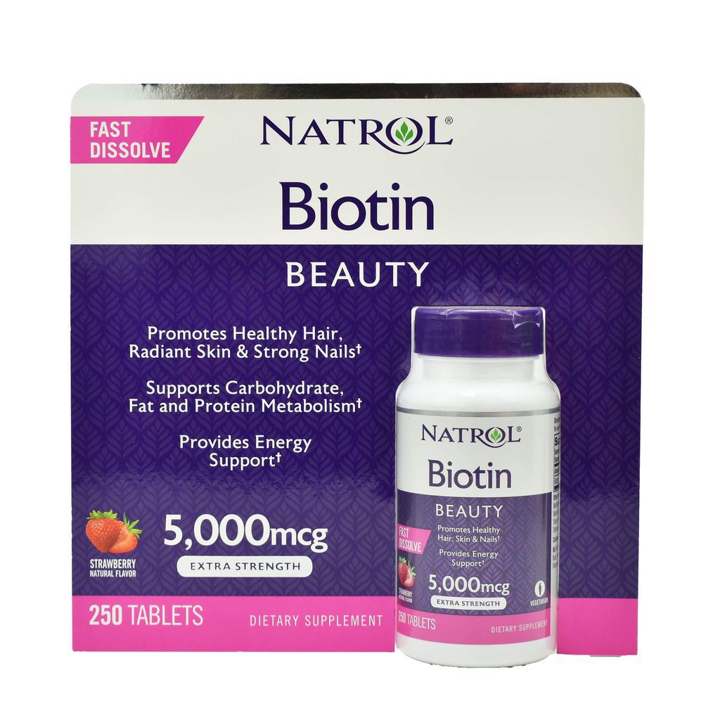 Viên ngậm kích mọc giảm rụng tóc Natrol Biotin Beauty 5000mcg Extra Strength hộp 250 viên vị dâu của Mỹ