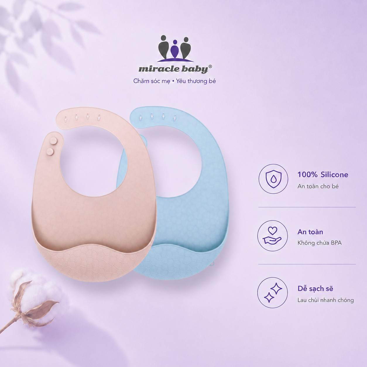 Yếm Ăn MiracleBaby 100% Silicon siêu mềm chống thấm nước chống bám bẩn dễ lau chùi từ 6-36 tháng