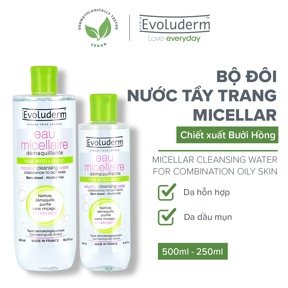 Bộ 2 sản phẩm nước tẩy trang Evoluderm dành cho da dầu mụn và da hỗn hợp 500ml + 250ml