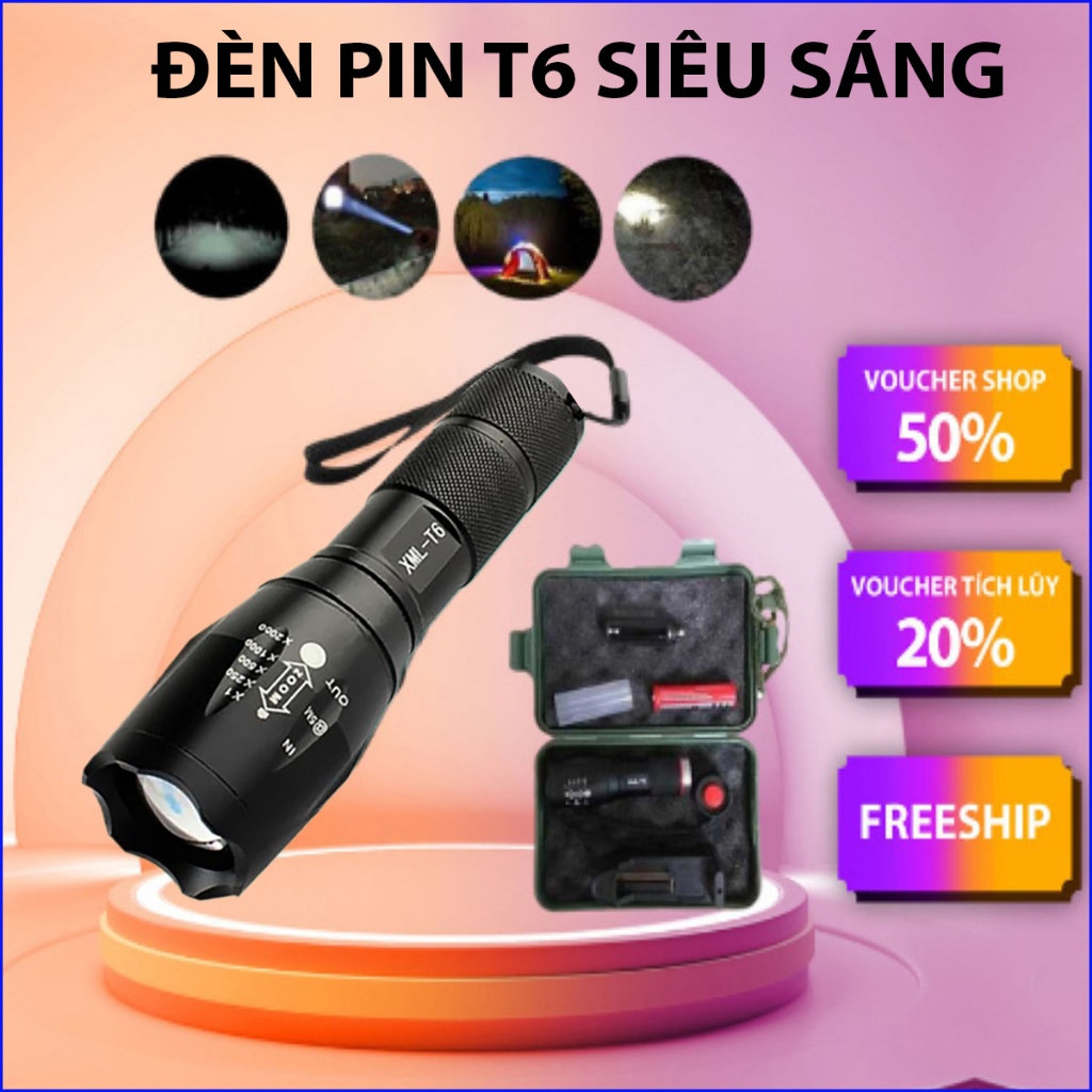 Đèn pin siêu sáng xml-t6 chiếu xa 800m, đèn pin chống nước