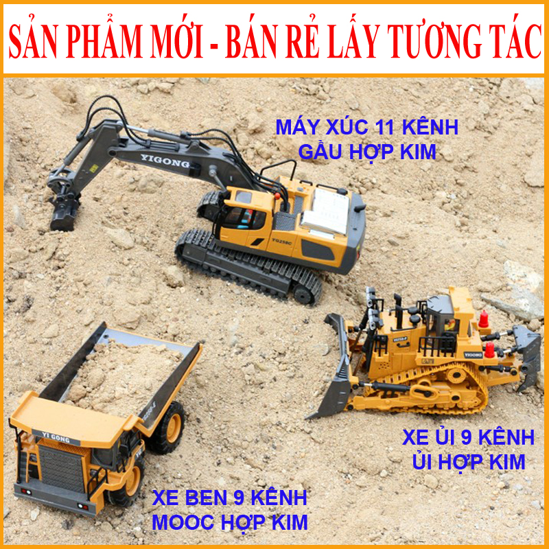 Xe máy xúc điều khiển từ xa 11 kênh, nhiều chức năng tự động, phát nhạc, gàu hợp kim, tỉ lệ 1:20, PIN sạc