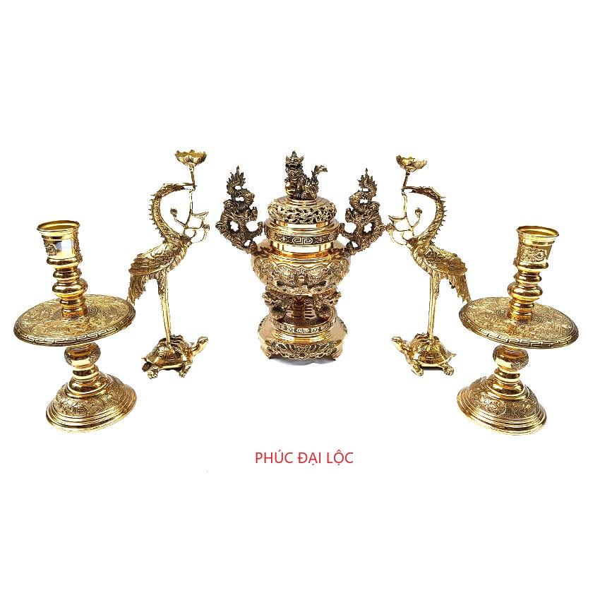 Đồ thờ bộ ngũ sự 5 món Vĩnh Tiến số 1 bằng đồng đỉnh tròn cao 35cm màu vàng sáng bóng