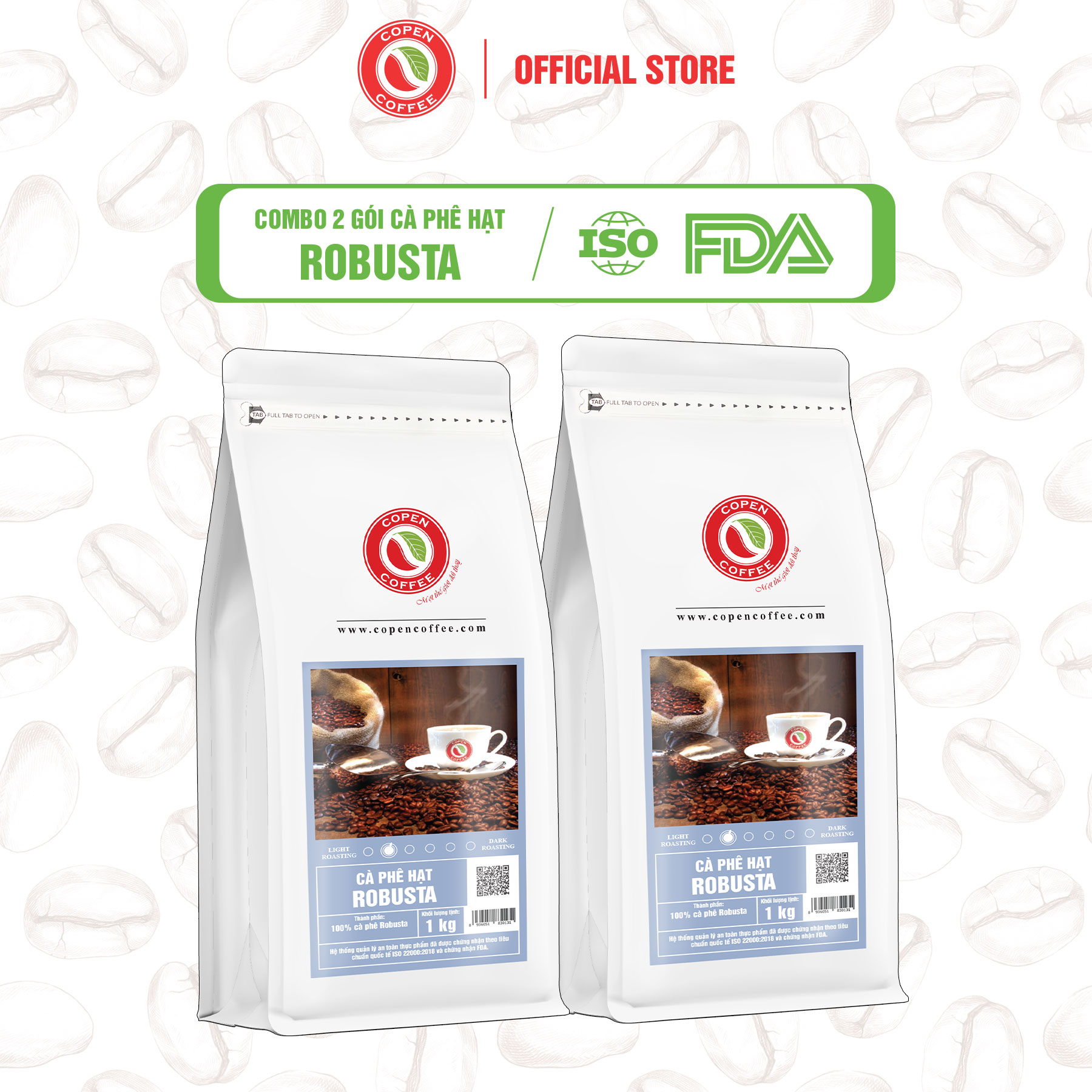 COMBO 2 GÓI Cà phê hạt Robusta gói 1kg (Q) - Rang mộc - Đắng nhẹ - Pha máy/pha phin - Copen Coffee