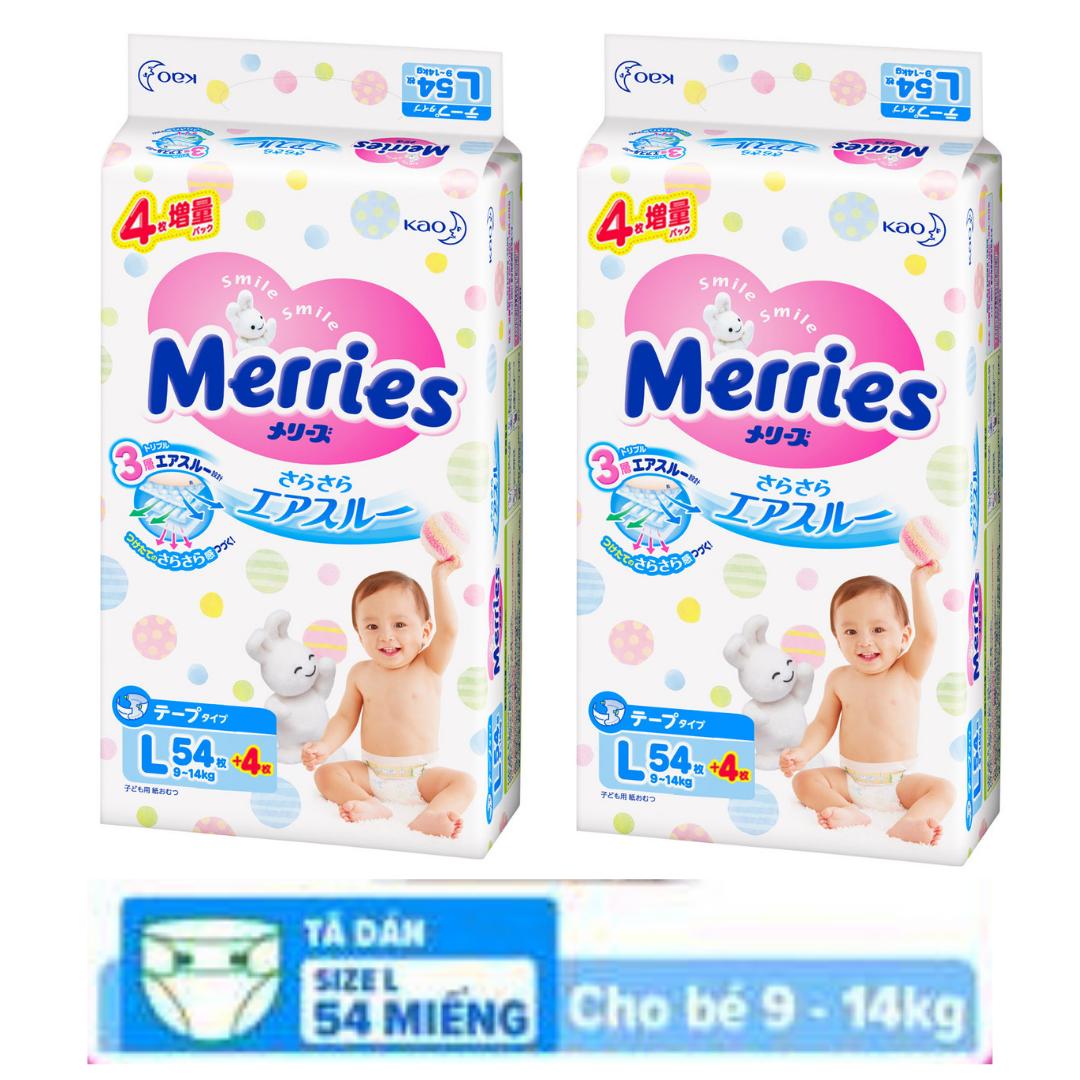 Combo 2 tã bỉm dán merries cao cấp siêu mềmtã meries nội địa cộng thêm mếng l54+4 cho bé từ 9-14 kg
