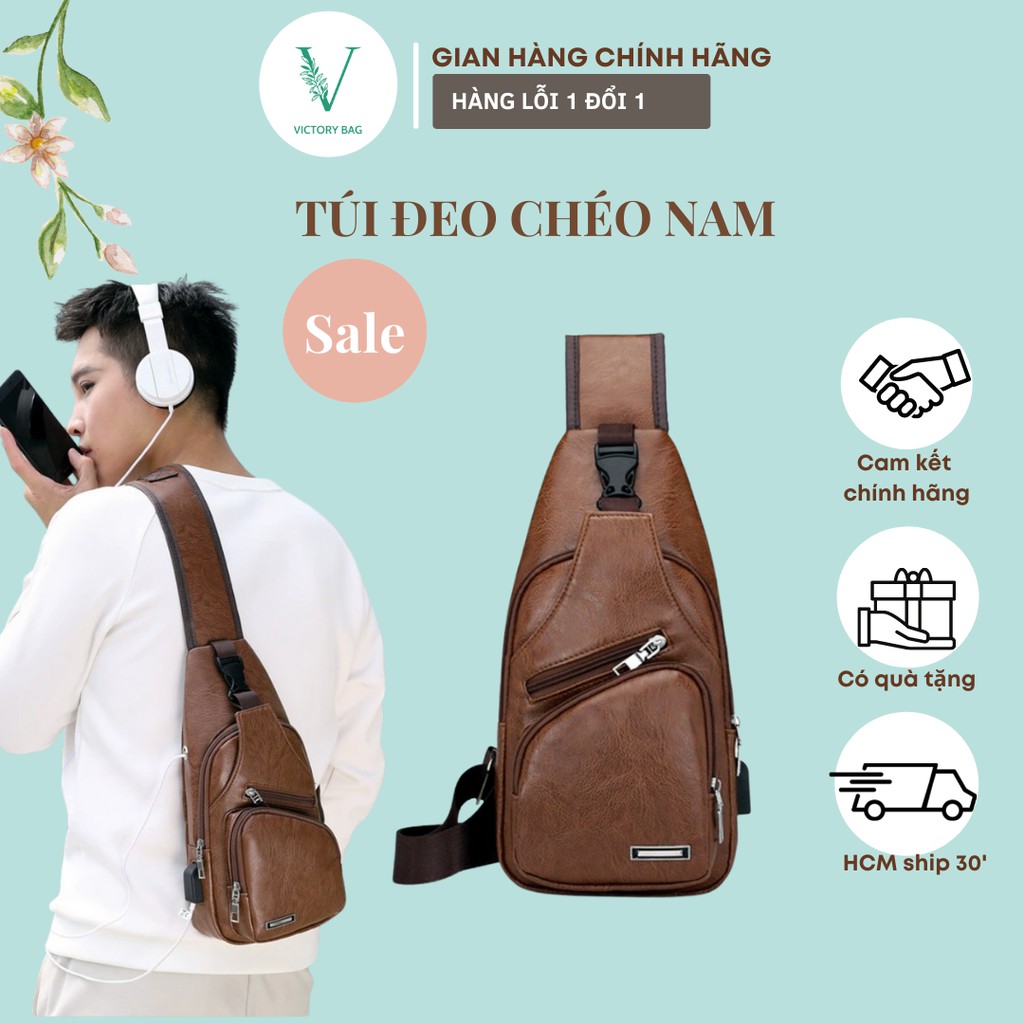 Túi nam đeo chéo, đeo ngực nam da cao cấp, cổng sạc, cổng tai nghe. tn-007 victory
