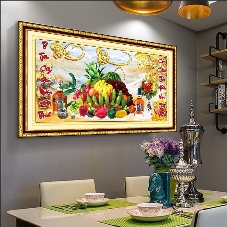 tranh thêu chữ thập mâm ngũ quả kt 120x75cm mn0130