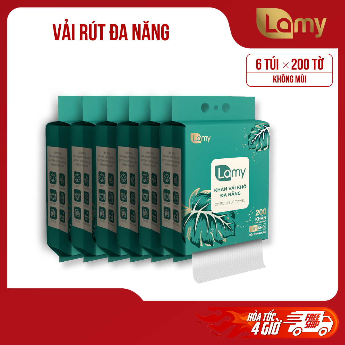 [LAMY OFFICIAL]_Thùng 6 khăn vải khô đa năng Lamy 200 tờ dạng túi rút treo tường lau mặt tẩy trang khăn lau cho bé