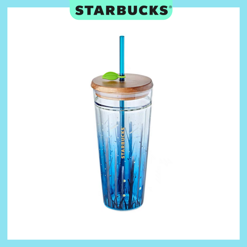 Ly thuỷ tinh starbucks 2 lớp xanh lam nắp gỗ dung tích 590ml