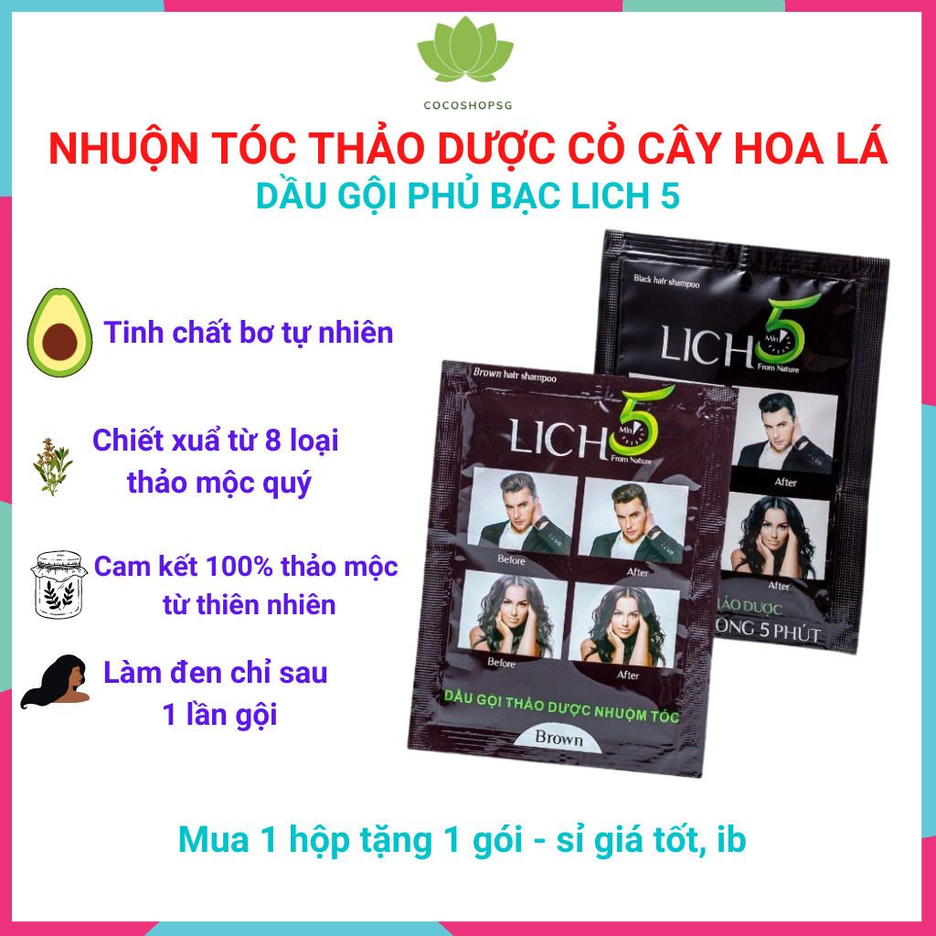 Thuốc nhuộm tóc, dầu gội đầu thảo dược đen Tóc Lich 5 Hộp 10 gói. Thuốc nhuộm đen tóc hoàn toàn từ thảo dược thiên nhiên