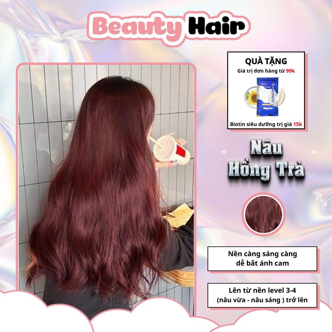 Thuốc nhuộm tóc nâu, thuốc nhuộm tóc Nâu Hồng Trà,tẩy tóc, tặng kèm oxy trợ dưỡngvà bao tay - Beautiful Hair