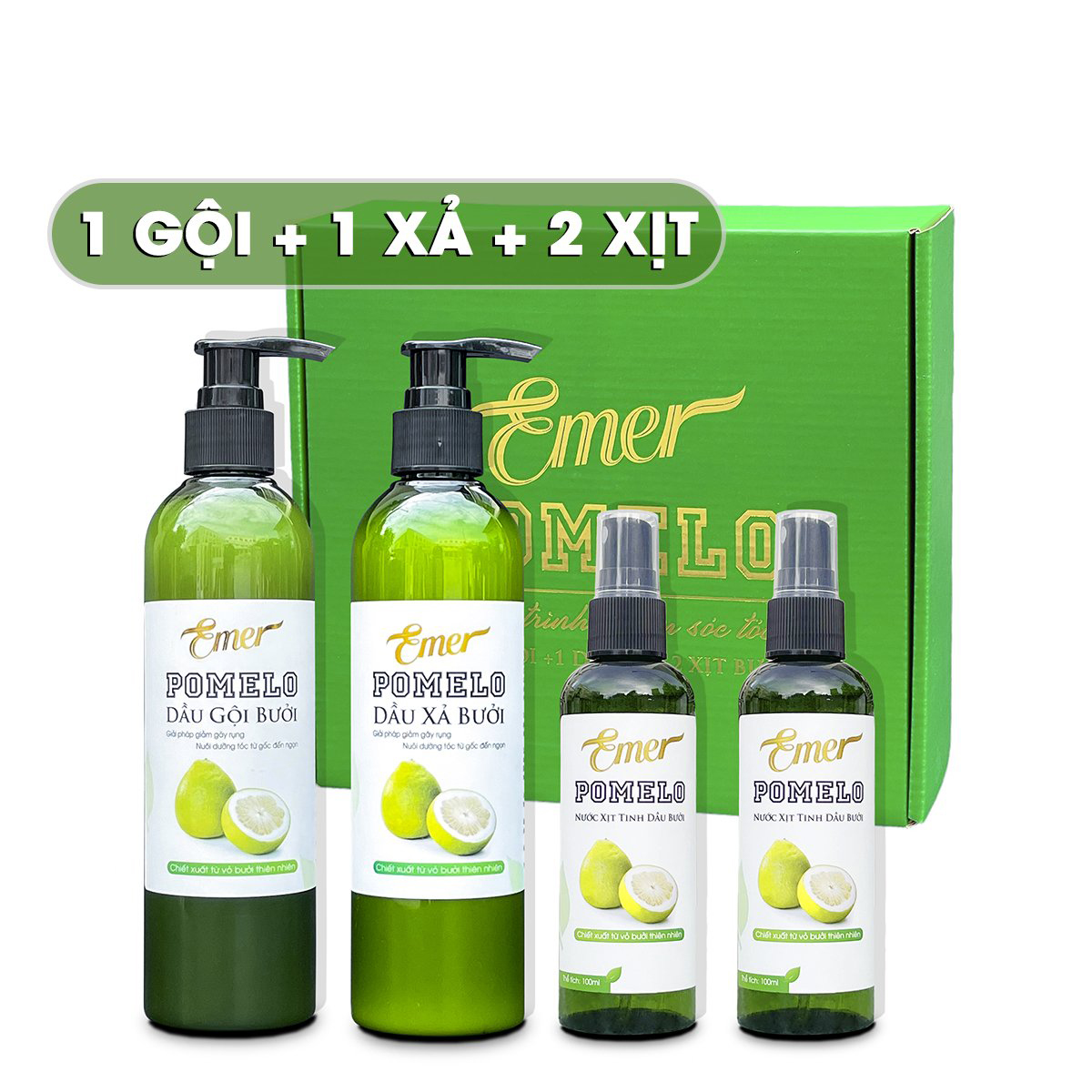 Liệu trình giảm rụng tóc mọc tóc con gồm 1 chai dầu gội bưởi 300ml + 1 chai dầu xả bưởi 300ml + 2 chai xịt dưỡng tóc tinh dầu bưởi kích mọc tóc nhanh, giảm rụng rõ rệt cho mái tóc dày và dài hơn gấp 2 lần đến 3 lần