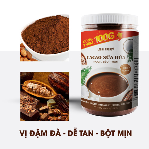 Bột cacao sữa Dừa cao cấp Light Cacao đậm đà thơm ngon, dùng pha uống liền, pha chế tiện lợi, dạng hũ dễ bảo quản, đặc biệt không pha trộn hương liệu - Hũ 650g