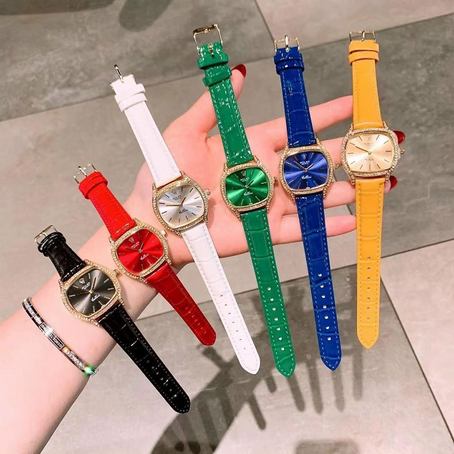 Đồng hồ nữ Rolex mặt vuông đính đá thiết kế dây da cao cấp Hang Kyo Style