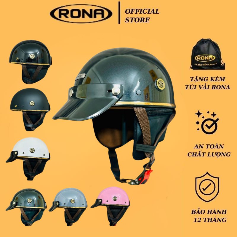 Mũ bảo hiểm xe máy 1/2 rona pug kèm ốp tai chống nắng, tháo rời dễ dàng, nón bảo hiểm freesize cho nam và nữ-rona helmet