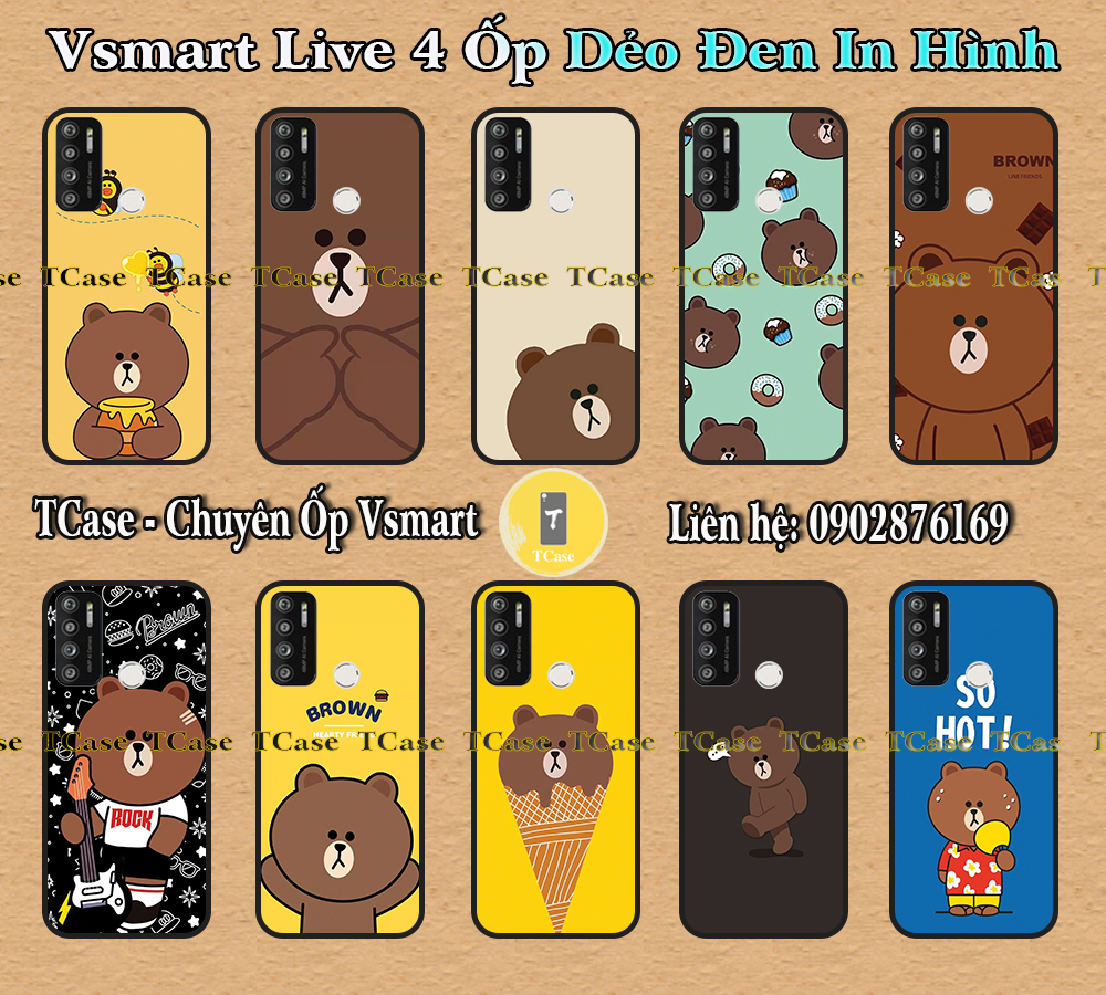 [HCM]Ốp lưng Vsmart Live 4 - Ốp dẻo đen in hình Gấu Nâu Cute