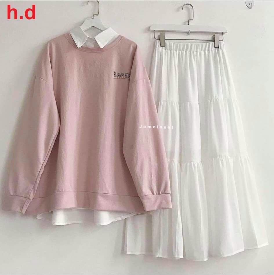 Sét 3 món áo nỉ hồng, sơ mi trắng và chân váy 3 tầng phối đồ da dạng