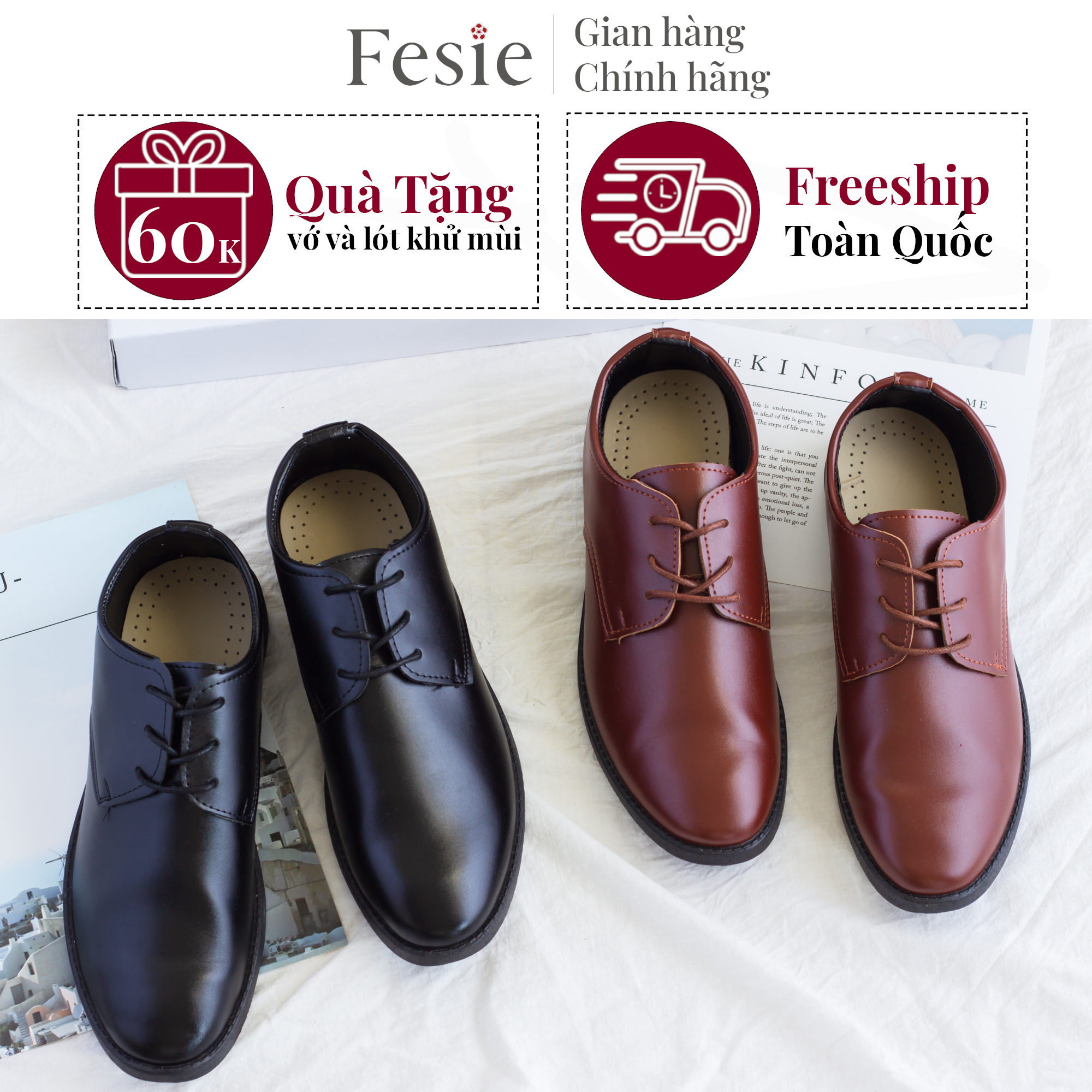 Giày Da Nam Đẹp, Giày Công Sở, Hai Màu Cơ Bản Đen Nâu - Derby Shoes