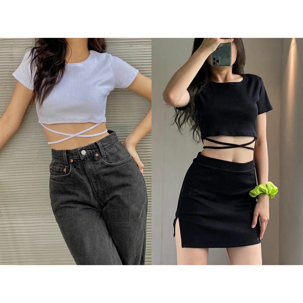 [HCM][HÌNH THẬT]Áo croptop kiểu JOY CLOTHING form ôm 💞 thun xịn co giãn 4 chiều,cột dây quấn chéo eo, áo crop top kieu tay ngắn CRON 190 -5D