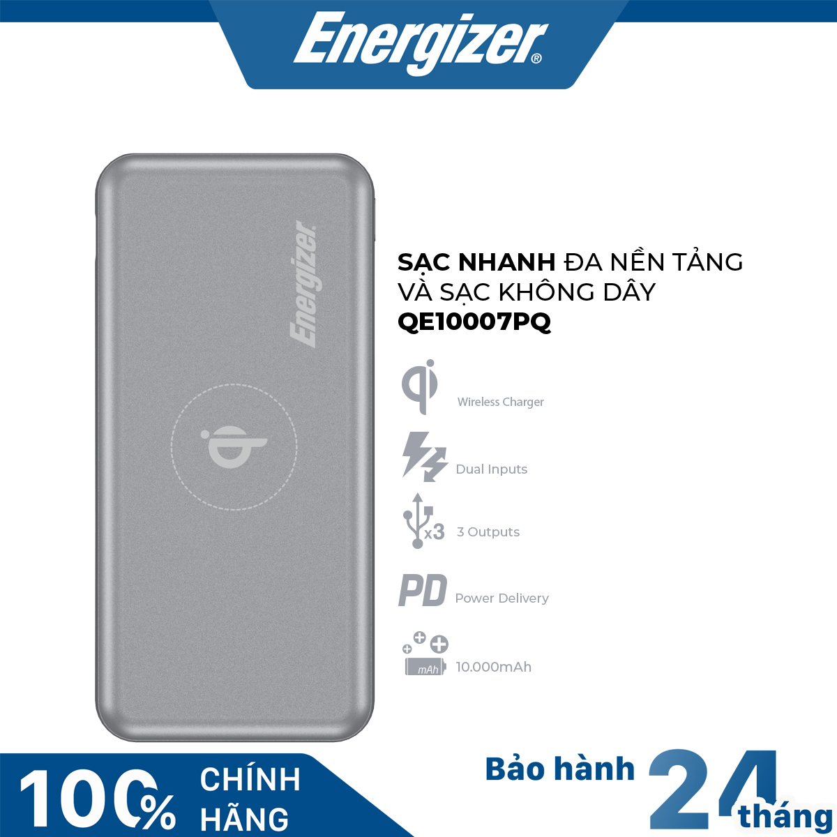 Sạc dự phòng Energizer 10000mAh QE10007PQ  - Tích hợp sạc không dây & Sạc nhanh đa nền tảng - Hãng chính hãng, bảo hành 2 năm 1 đổi 1