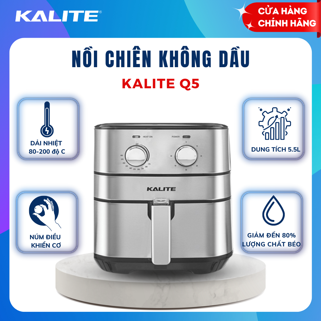 Nồi chiên không dầu Kalite Q5, công suất 1700W, dung tích 5.5L, công nghệ đốt nóng chân không giúp thực phẩm chính nhanh và chín đều, làm giảm 80% lượng dầu mỡ, thiết kế sang trọng, hiện đại, bảo hành 12 tháng chính hãng