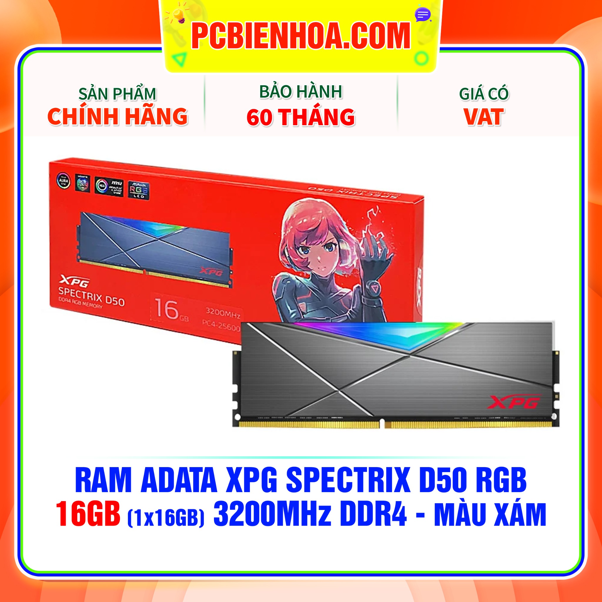 RAM ADATA XPG SPECTRIX D50 RGB - 16GB 3200MHZ DDR4 - MÀU XÁM
