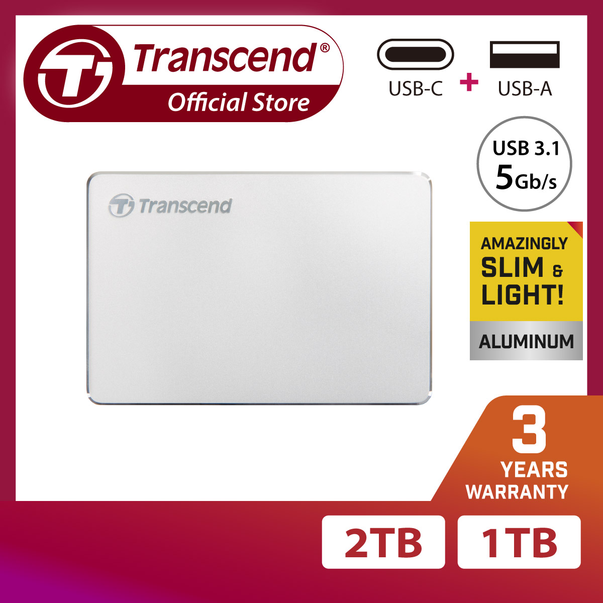 Ổ Cứng Di Động Transcend Extra Slim 25C3S USB 3.1 - Hàng Chính Hãng