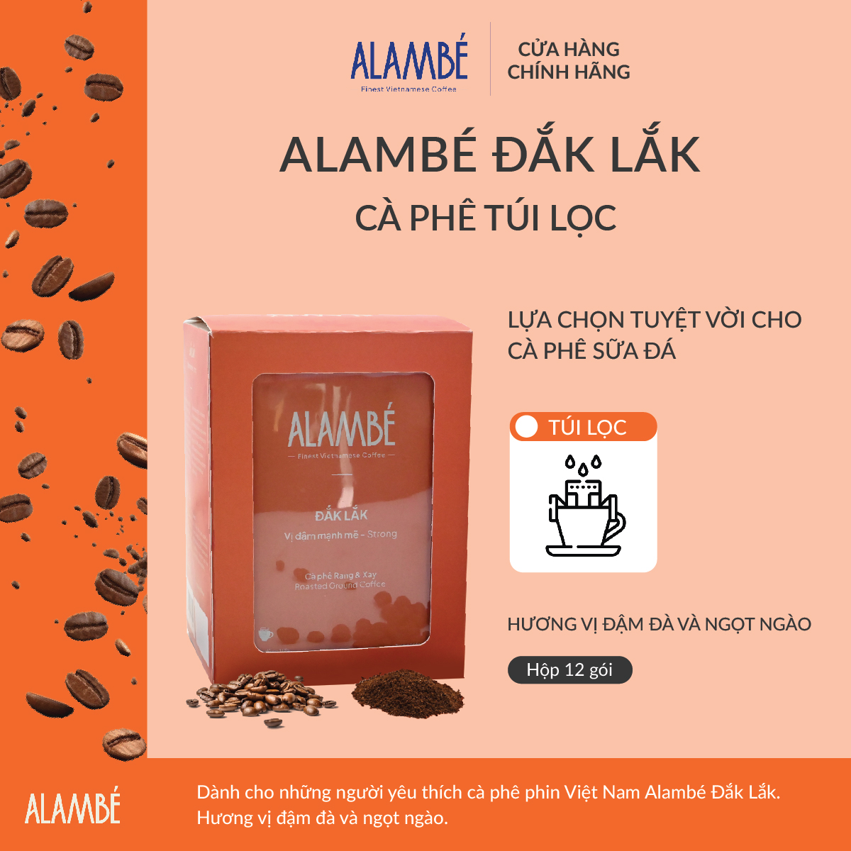 [Alambé Dak Lak] Cà phê phin giấy/ túi lọc Robusta, đắng vị sô-cô-la đen, hương vị đậm, sâu, dài, hậu ngọt (12 gói x 10g)