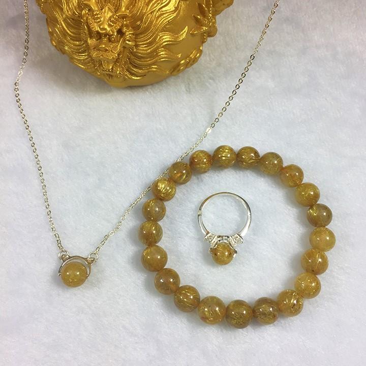 Combo set trang sức bạc dây chuyền vòng tay nhẫn đá thạch anh tóc vàng tự nhiên cho nữ