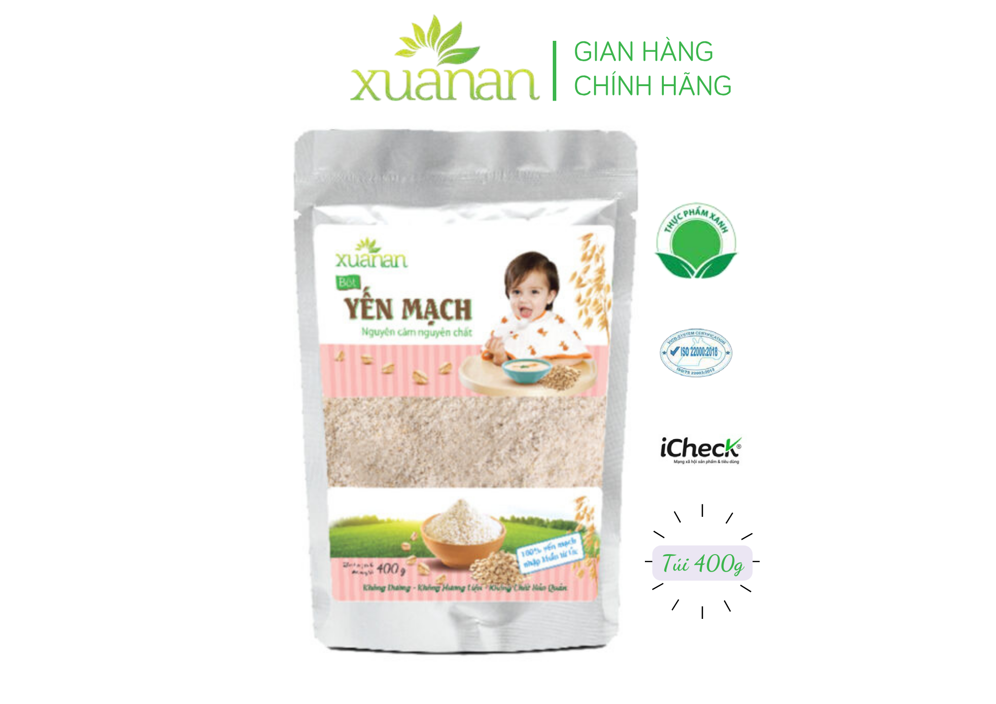 Bột yến mạch nguyên cám nguyên chất xuân an túi 400g