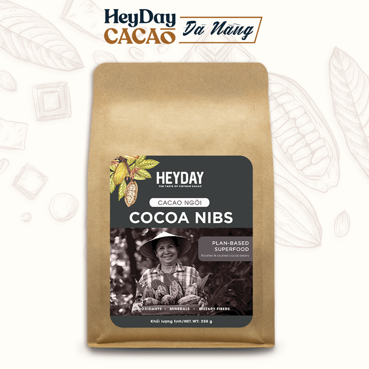 Cacao ngòi (cocoa nibs) chuẩn UTZ Quốc Tế túi 250g - Nhân hạt cacao rang, ăn trực tiếp hay làm bánh, chocolate - Heyday Cacao