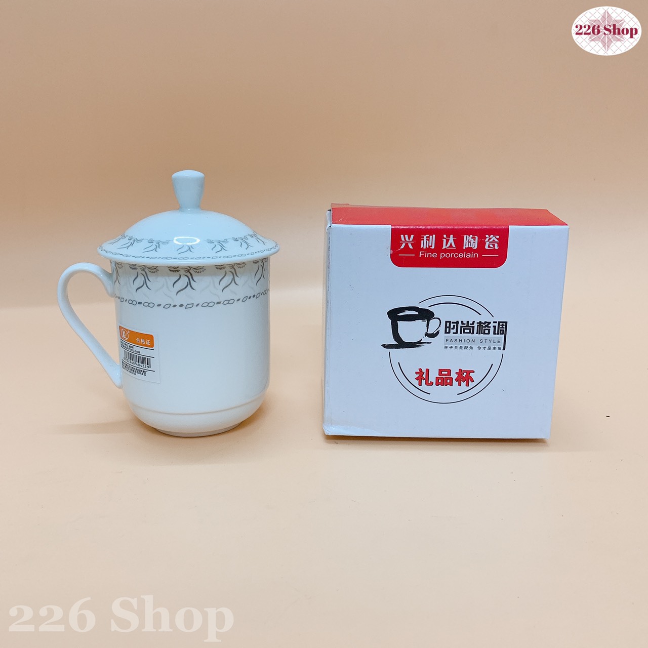 [HCM]Ly sứ trắng hoa văn có nắp đậy 300ml [hàng siêu thị có tem nhãn].Sứ dày bóng mịn hoa văn sắc sảo.