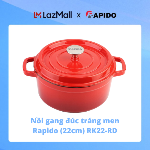 Nồi gang đúc tráng men Rapido RK22-RD màu đỏ dung tích 2.5 lít kích thước 22cm dùng cho nhiều loại bếp hàng chính hãng