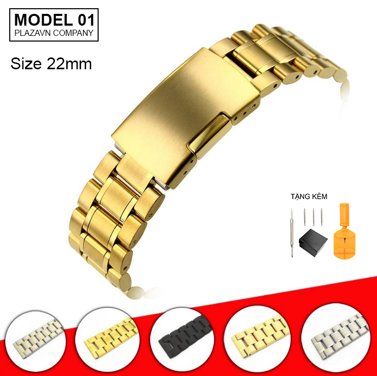 Dây đồng hồ size 22mm thép không gỉ model 01 kiểu khóa bấm chống han gỉ chống bay màu