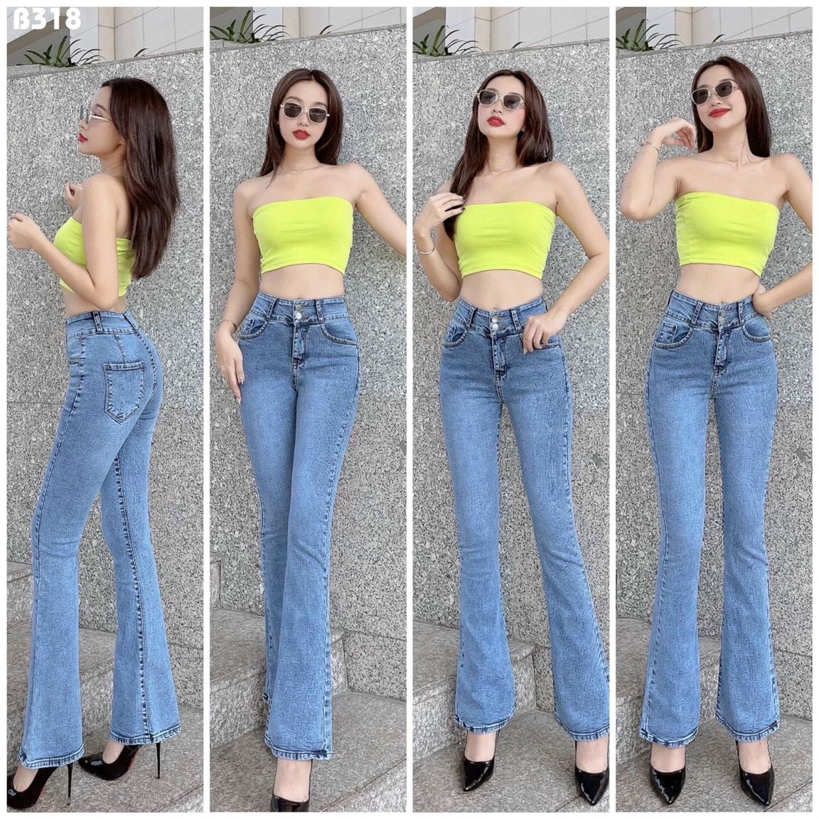 Quần jeans nữ ống loe dai lưng cao co giãn tốt