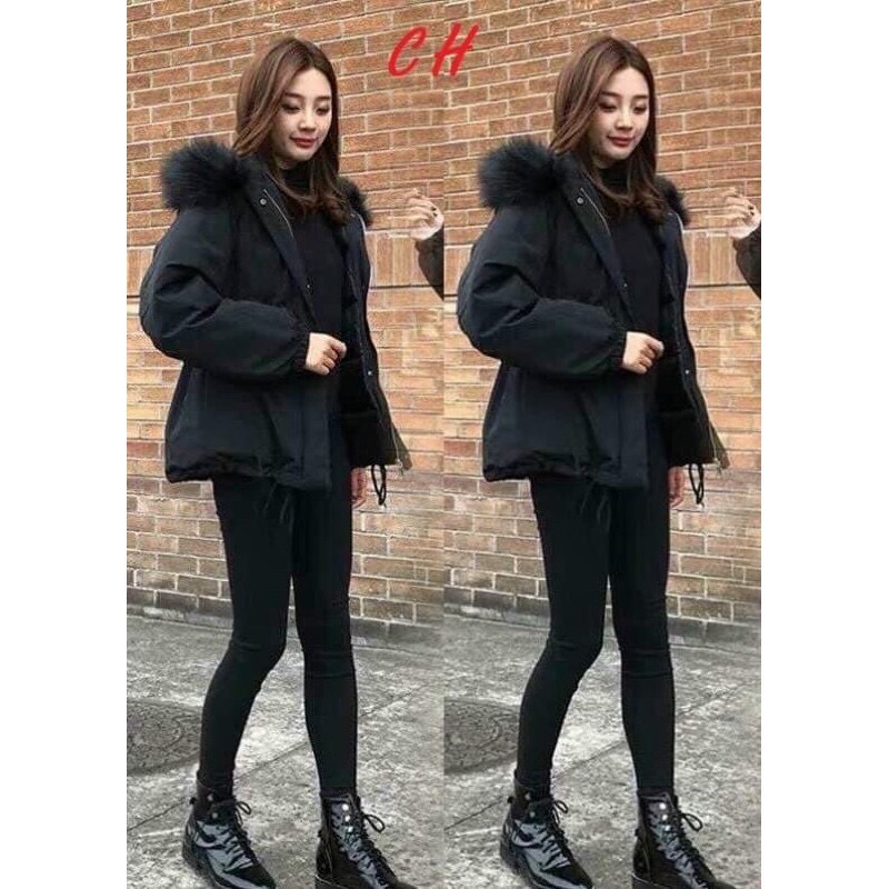 Áo parka mũ lông dây rút eo sang chảnh ấm siêu xinh