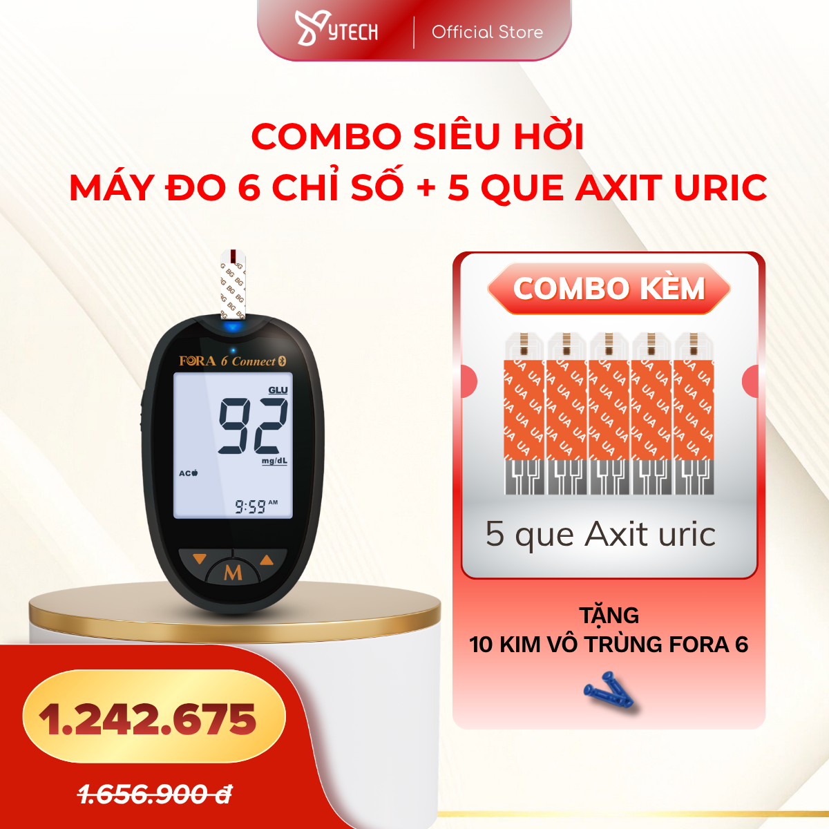 [YTECH] Combo Ưu Đãi Máy Đo Đường Huyết - Kèm 5 Que Thử Axit Uric + 10  Kim Vô Trùng