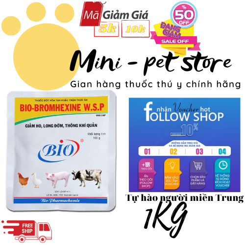 [1KG](BROM)  GIẢM HO, LONG ĐỜM, THÔNG KHÍ QUẢN CHO GIA SÚC, GIA CẦM, HEO, BÒ, NGHÉ, CỪU, GÀ, VỊT, CHÓ, MÈO, BROMHEXINE THÚ Y BIO