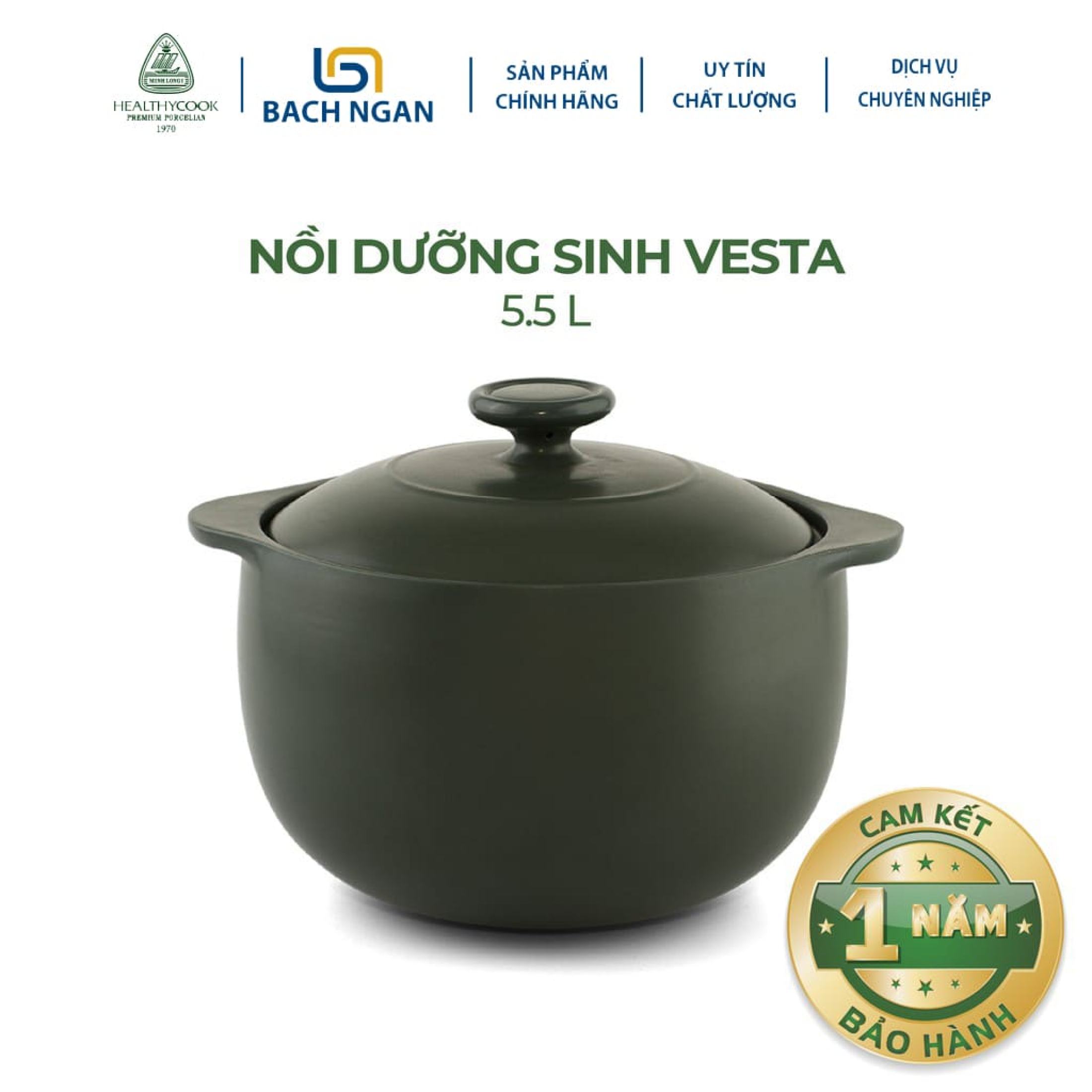Nồi sứ dưỡng sinh Minh Long Vesta 5.5L dùng cho Bếp Ga, Hồng Ngoại có nắp đậy, an toàn sức khỏe, thực phẩm chín nhanh và đều - nồi đất