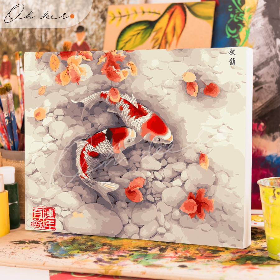Tranh tô màu theo số | 40*50 | CÓ KHUNG | Cá chép phong thủy