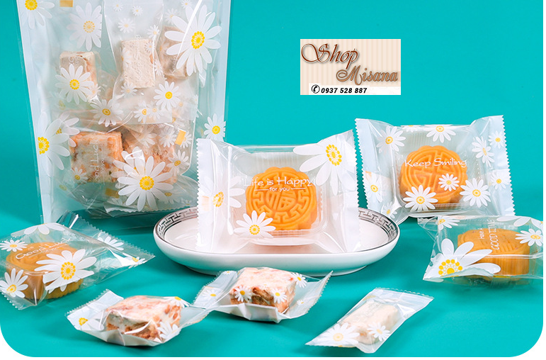 Túi zip hình hoa cúc đựng bánh kẹo, bánh trung thu 50gram, túi kẹo nougat