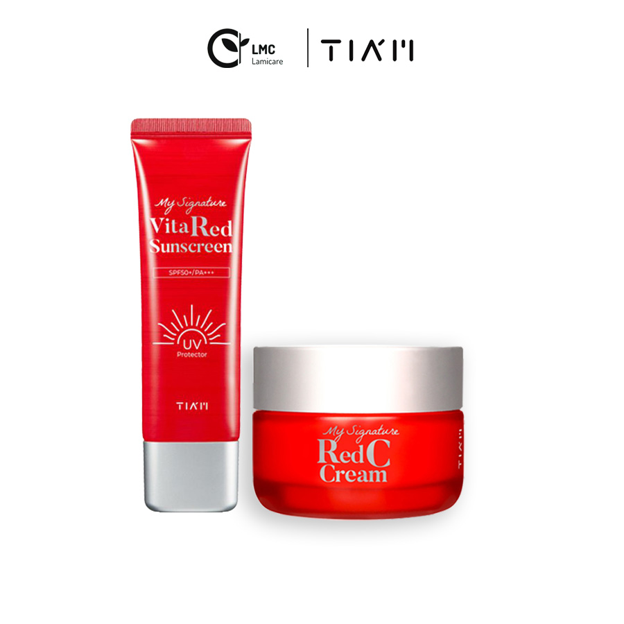 Bộ 2 sản phẩm dưỡng trắng làm mờ thâm nám Tiam my signature red C cream và kem chống nắng vita red full size