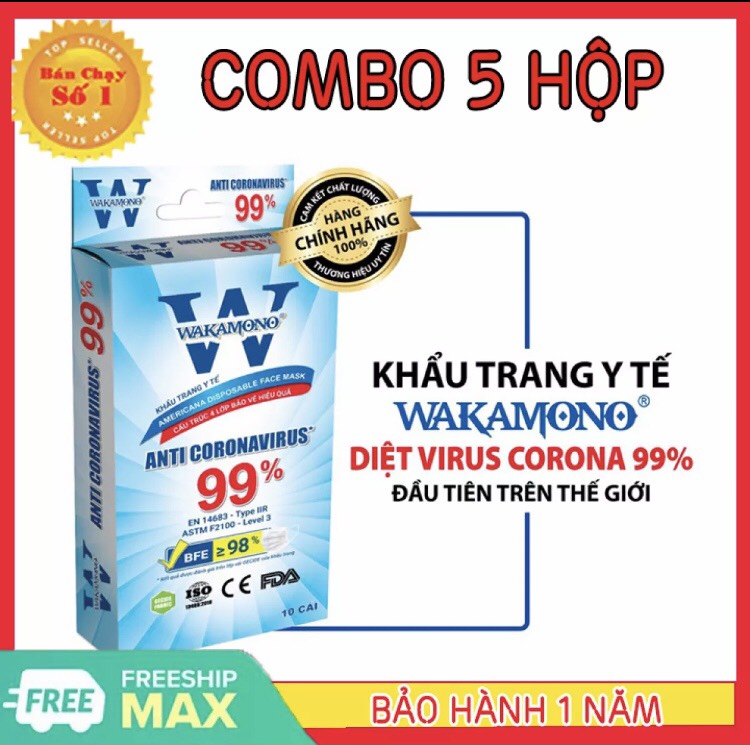 [HCM][ COMBO 5 HỘP ] KHẨU TRANG Y TẾ 4 LỚP Hộp 10 cái Khẩu trang WAKAMONO diệt 99% Vius Corona đầu tiên trên thế giới đạt tiêu chuẩn Mỹ (FDA) & Châu Âu (CE) khau trang y te khẩu trang y tế khẩu trang kháng khuẩn