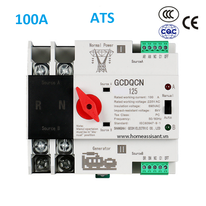 Cầu dao chuyển nguồn tự động ats nhanh không mất điện 1 pha 100a atsn02