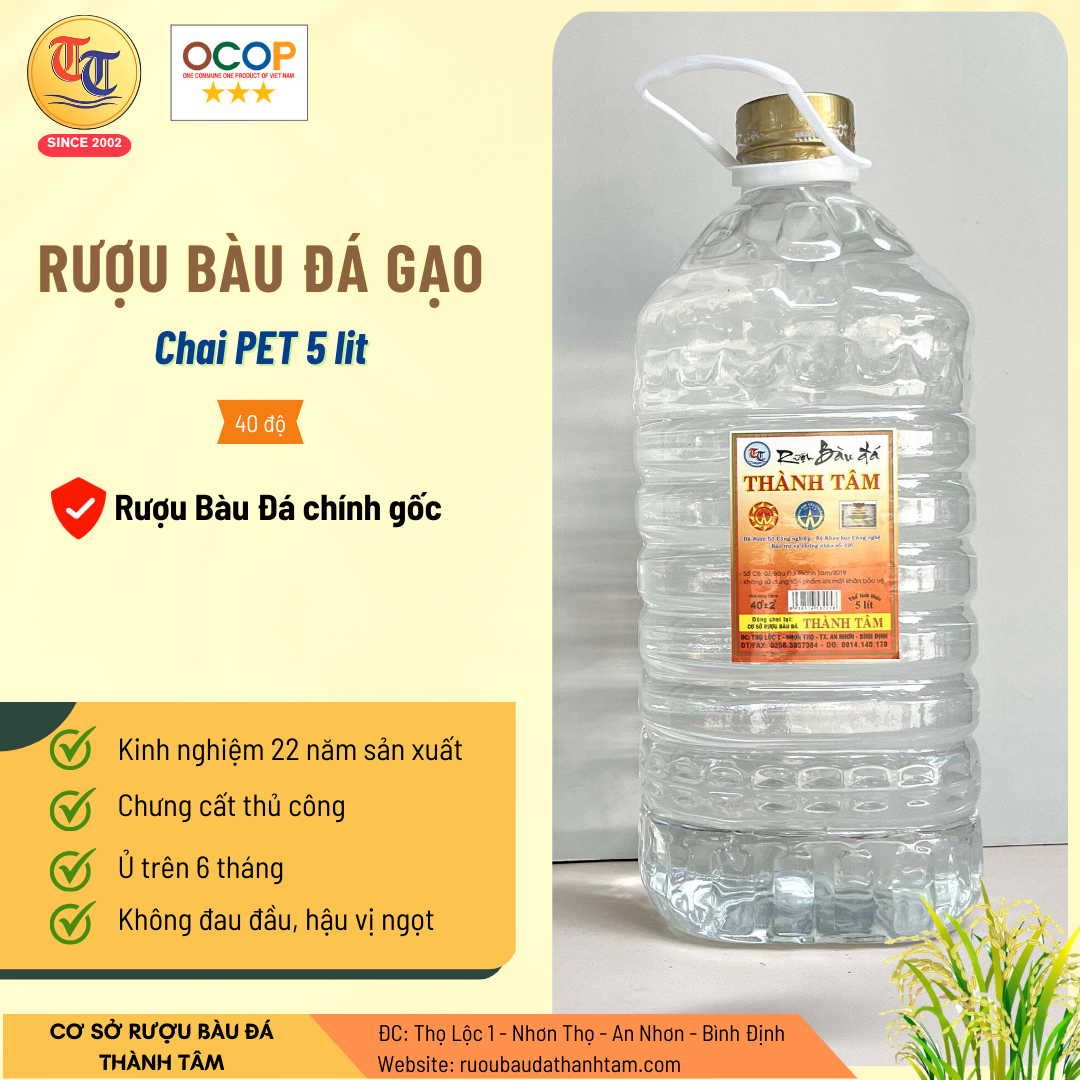 Rượu bàu đá Gạo 5 lit Thành Tâm - OCOP 3 sao - Đặc sản bình Định, rượu gạo, rượu ngâm thuốc, quà tặng